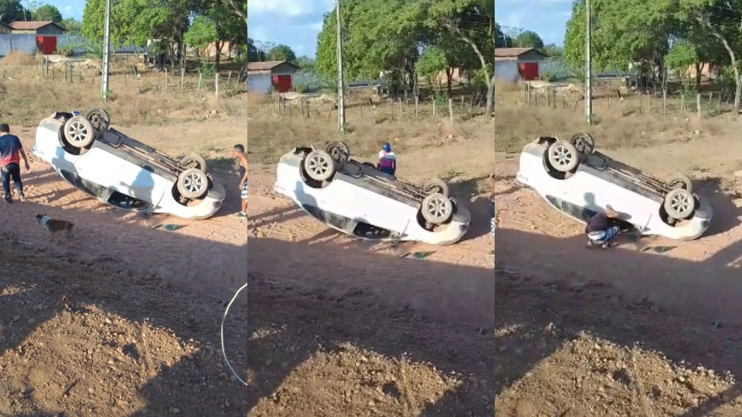 Carro fica destruído após capotar em Demerval Lobão; motorista sai ileso