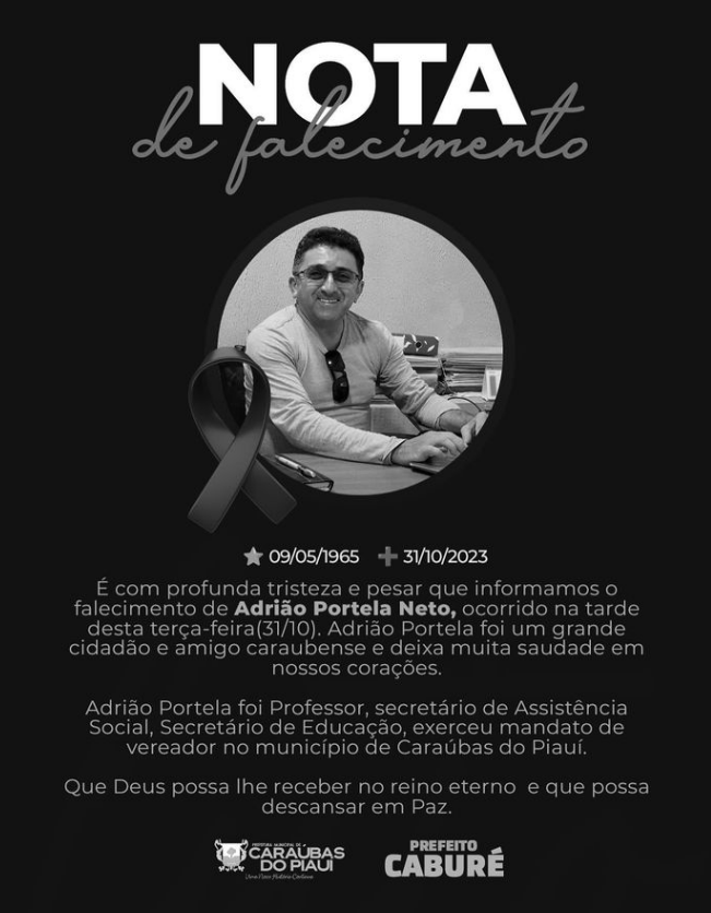 Morre Secretário de Educação de Caraúbas do Piauí Adrião Portela