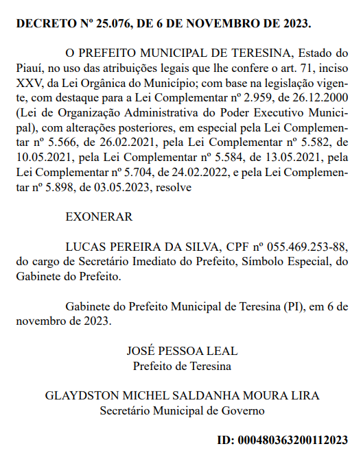 Exoneração foi publicada no Diário Oficial do Munícipio