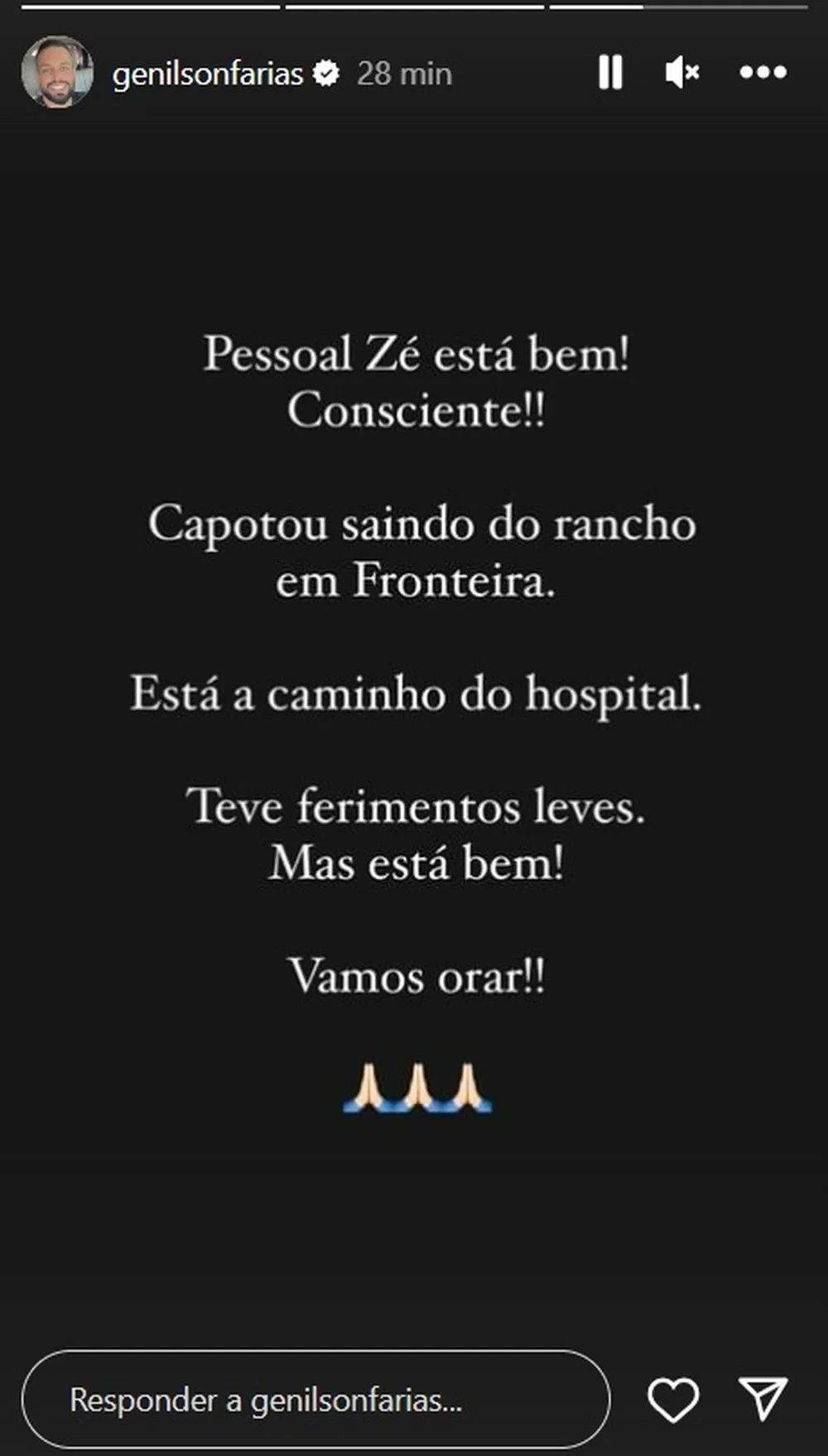 Genilson Farias, sócio do cantor, publicou nos stories de seu Instagram que Zé Neto está bem