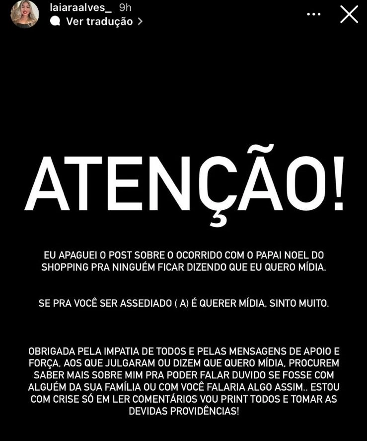 Postagem feita pela influencer