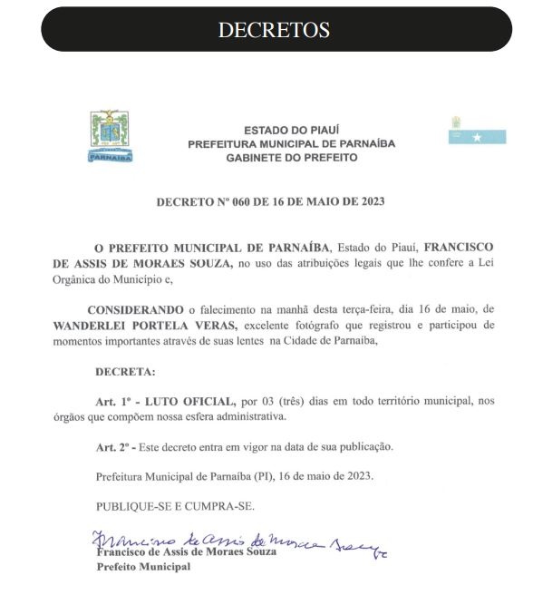 Decreto de luto, após morte de fotógrafo
