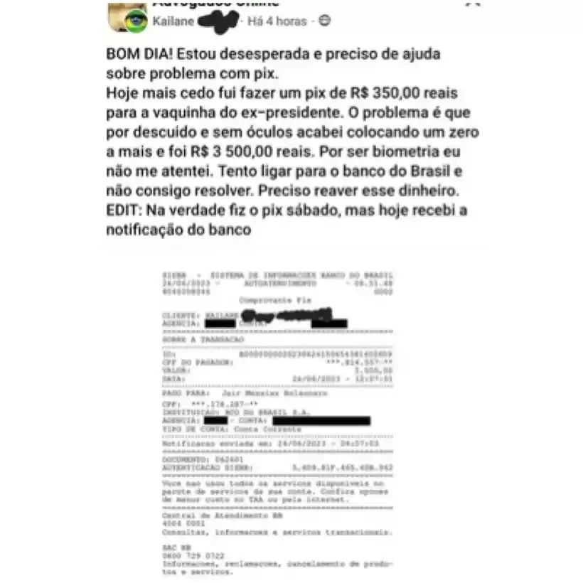 Mulher culpa a visão por transferir valor errado ao ex-presidente