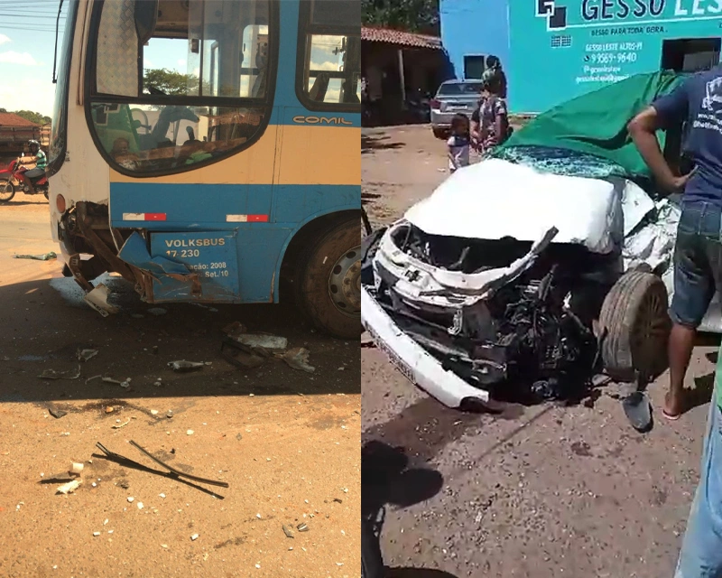 Mulher fica em estado grave após colisão frontal entre carro e ônibus