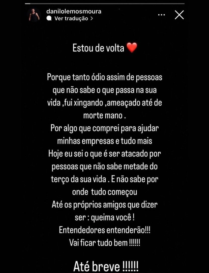 Fez desabafo no Instagram