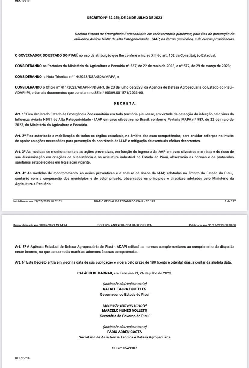 Piauí decreta emergência zoosanitária para a Gripe Aviária