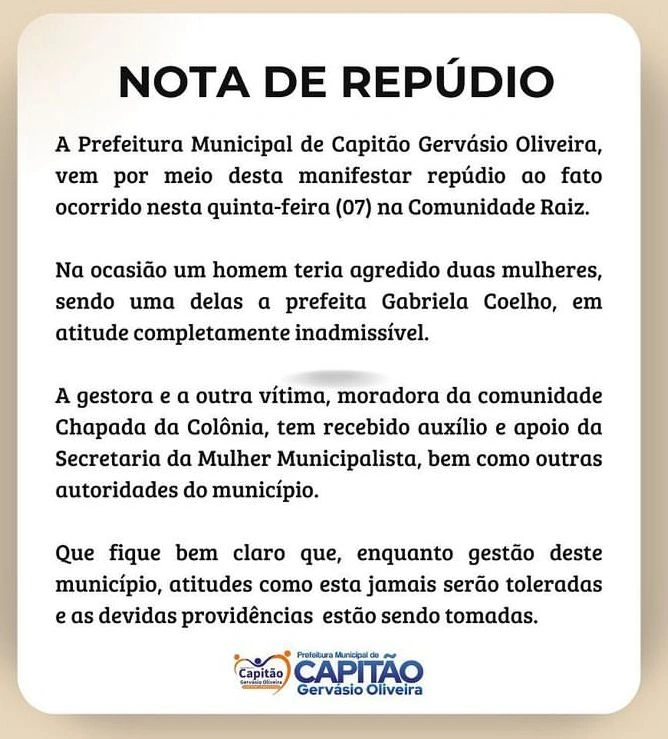 Nota de repúdio da prefeitura de Capitão Gervásio Oliveira