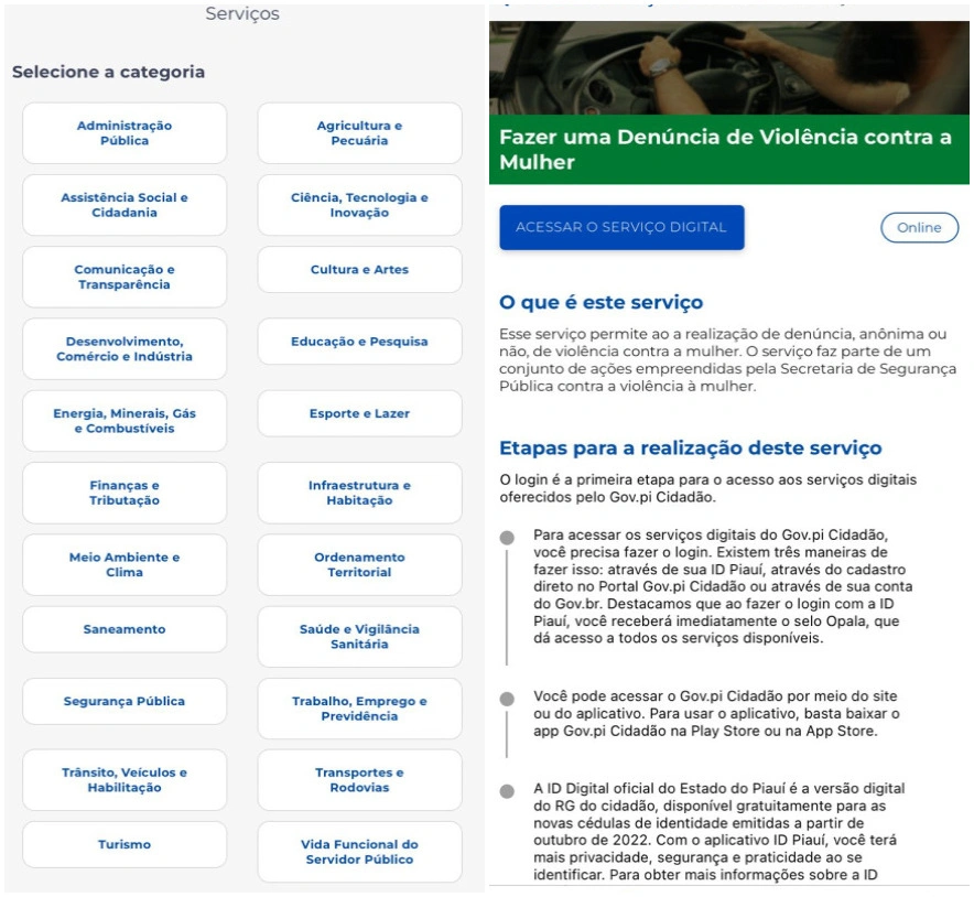 Página de Serviços do app