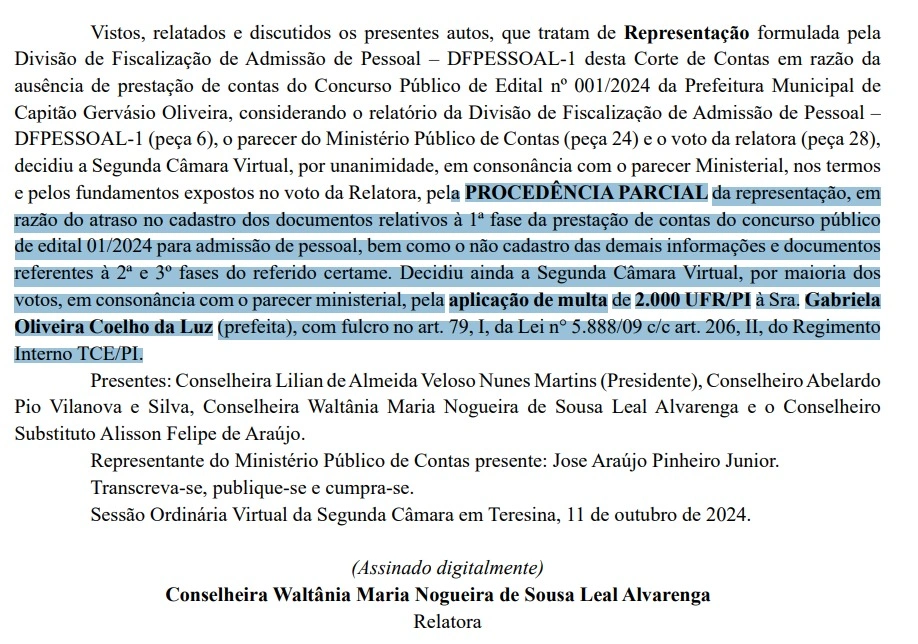 Decisão consta no diário oficial do TCE da última terça-feira (22)