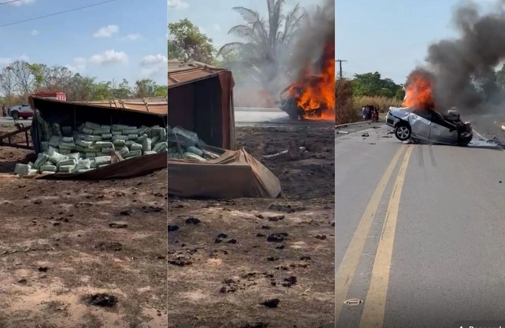 As vítimas estavam em um carro que colidiu com uma carreta carregada de arroz.