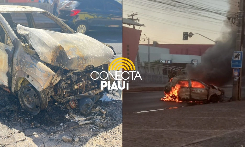 Carro pega fogo após colisão em poste na avenida Presidente Kennedy em Teresina