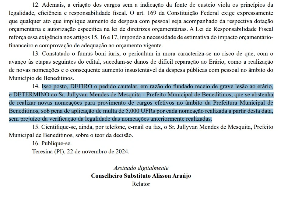 Decisão consta na edição do diário oficial do TCE-PI desta terça-feira ()