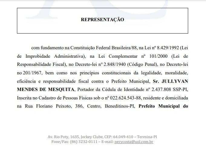 Representação foi protocolada no último dia 25 de novembro