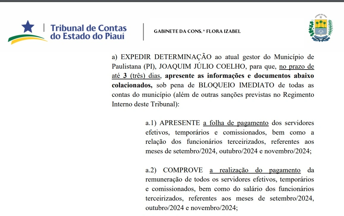 Conselheira Flora Izabel determinou o prazo de 03 dias para que o gestor comprove pagamentos