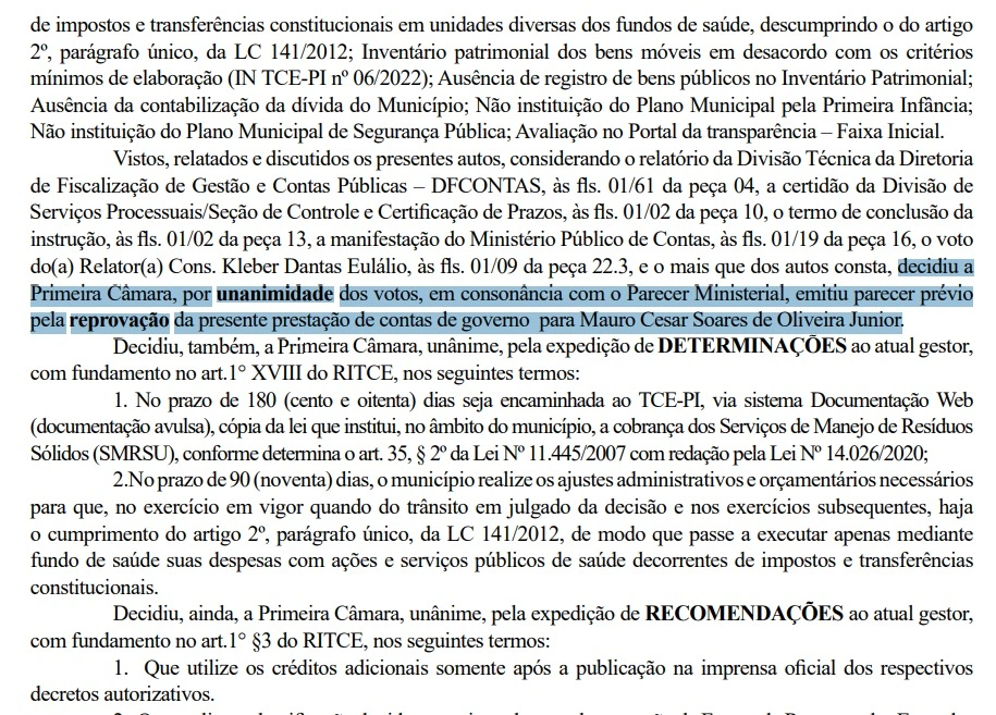 Decisão consta na edição do diário oficial do TCE-PI desta quinta-feira (05/12)