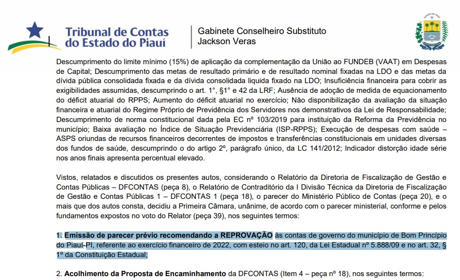 Decisão consta na edição do diário oficial do TCE-PI desta quarta-feira (18/12)