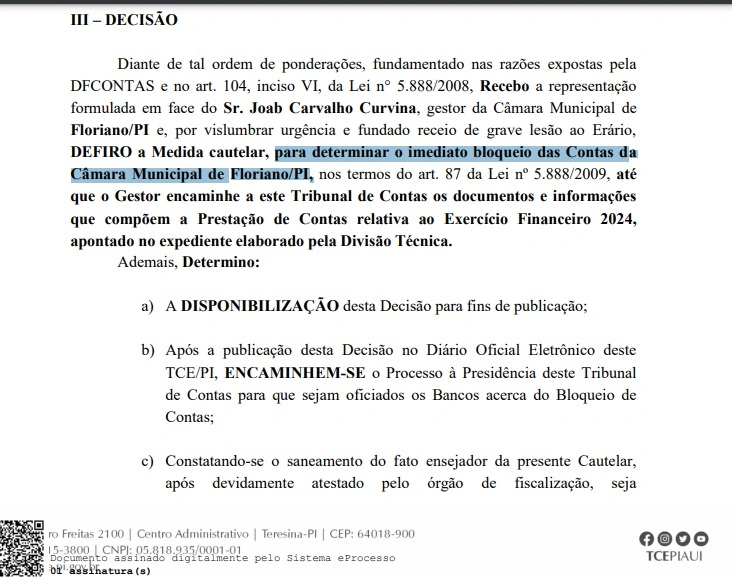 Decisão consta na pubicação do diário oficial do TCE-PI desta segunda-feira (16/12)