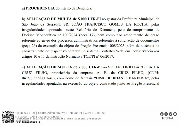 Decisão consta na publicação do diário oficial do TCE-PI disponibilizado nesta terça-feira (03/12)