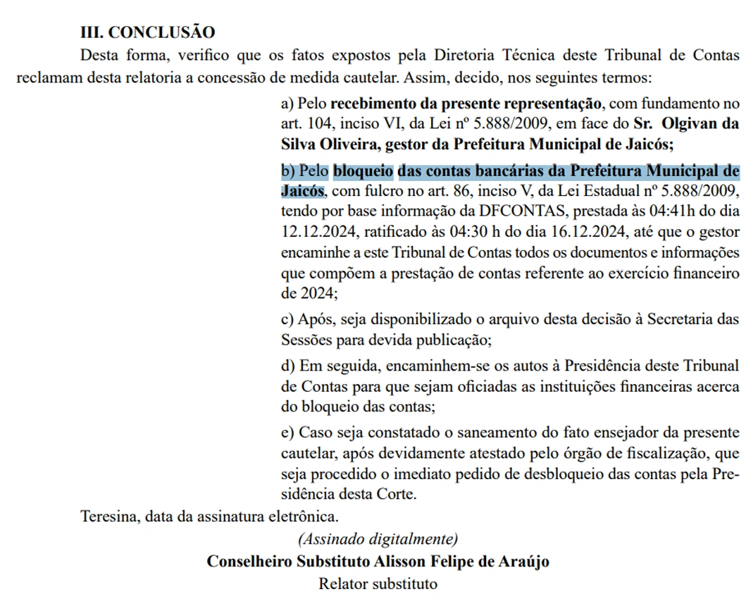 Decisão consta no diário oficial do TCE-PI desta quarta-feira (18/12)