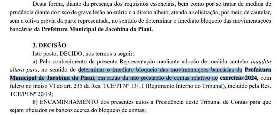 Decisão foi disponibilizada na última sexta-feira (13/12), no diário oficial do TCE-PI
