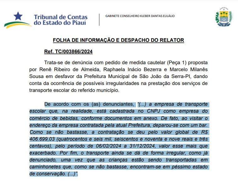 Denúncia feita pelo vereadores em abril de 2024