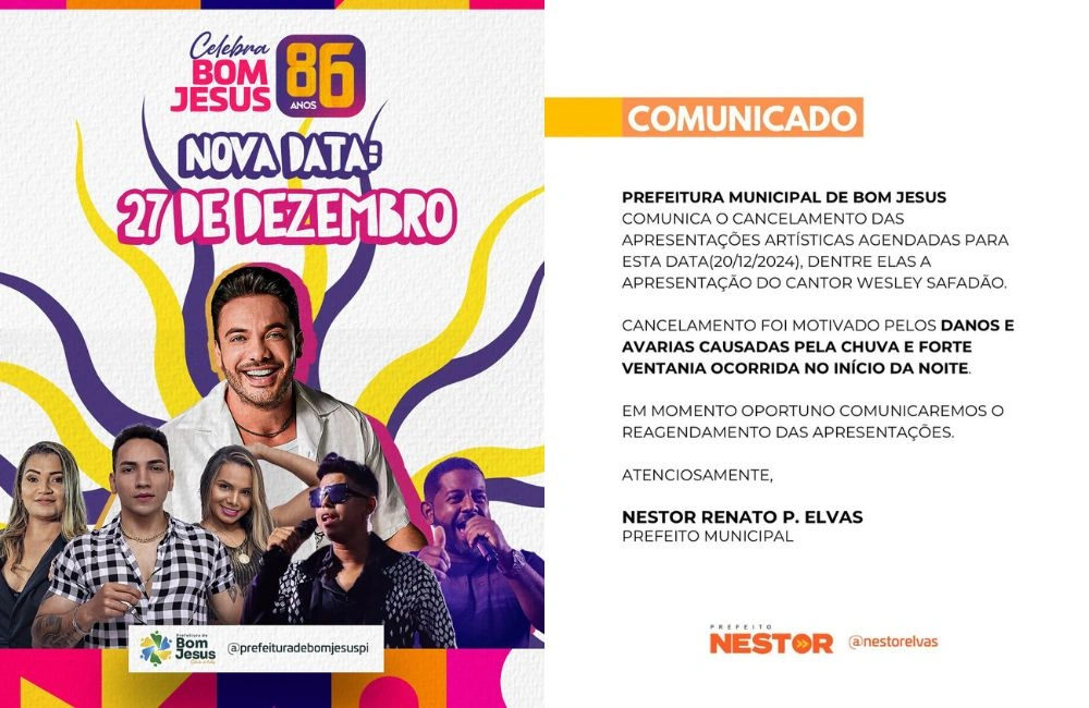Prefeitura de Bom Jesus anuncia nova data para show de Wesley Safadão