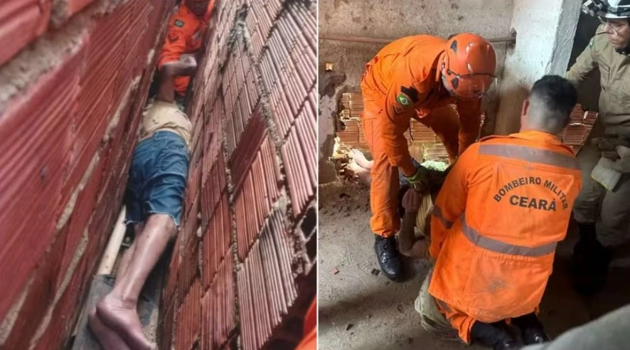 Idoso é resgatado após ficar preso por mais de nove horas entre paredes