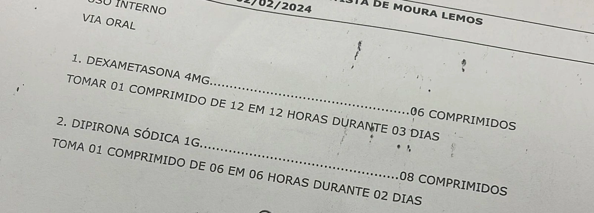 Sem o atendimento a dentista prescreveu dois medicamentos; Dexametasona e Dipirona