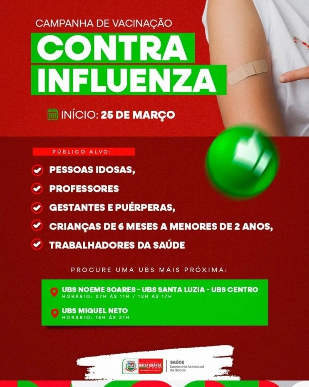 Campanha de vacinação contra influenza é iniciada em Baixa Grande do Ribeiro
