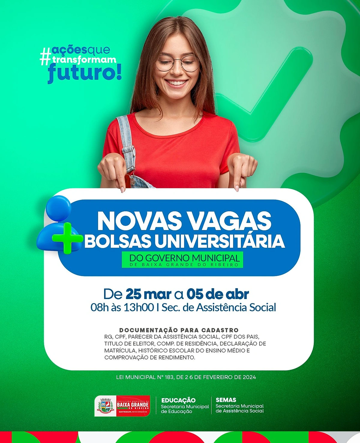 Prefeitura de Baixa Grande do Ribeiro amplia número de bolsas universitárias