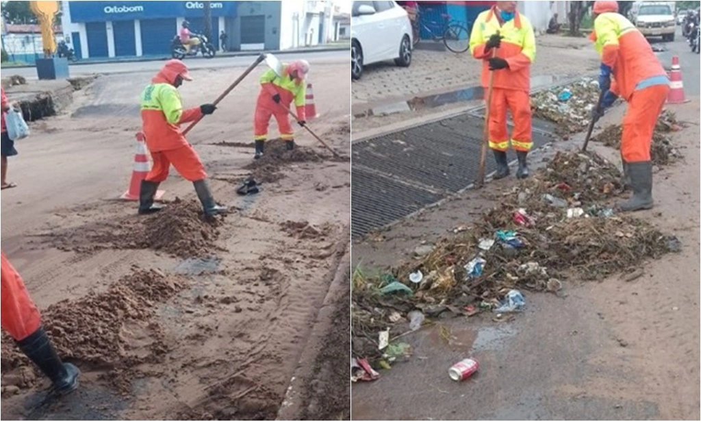 Trabalho de funcionários na limpeza de vias de Timon