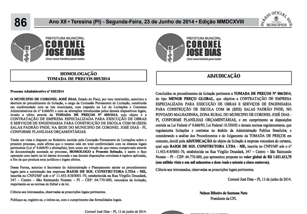 Documento de contratação da empresa Raios de Sol Construtora LTDA