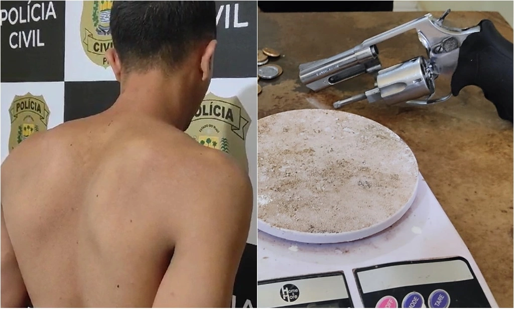 Suspeito foi preso com arma de fogo, balança de precisão, dinheiro trocado e drogas