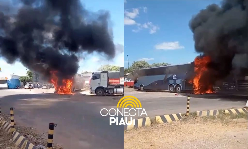 Duas carretas e um ônibus pegam fogo em posto de combustíveis em Teresina