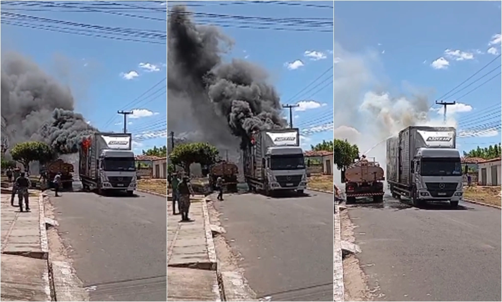 Caminhão pega fogo em frente à Prefeitura de Coivaras; chamas são controladas