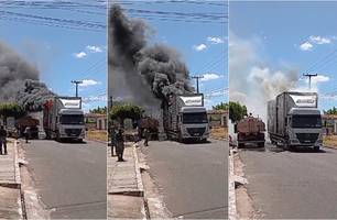 Caminhão pega fogo em frente à Prefeitura de Coivaras; chamas são controladas (Foto: Reprodução)