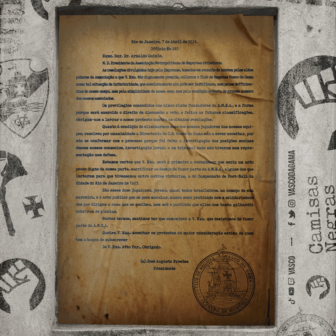 Documento da Resposta Histórica dada pelo Vasco em 1924