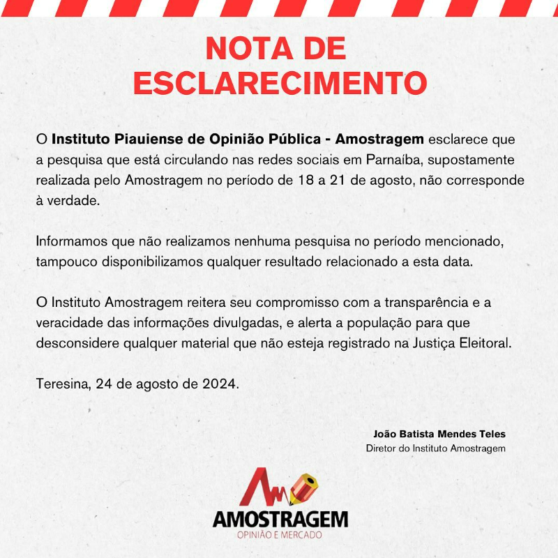 Instituto Amostragem desmente pesquisa eleitoral falsa circulando em Parnaíba