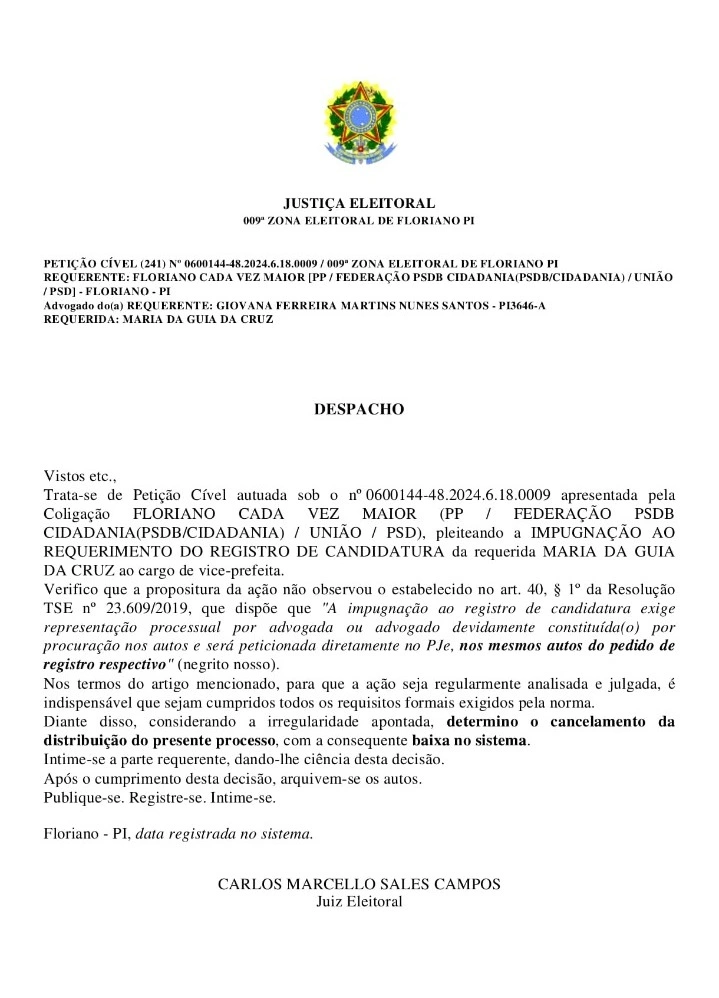 Justiça cancela pedido de impugnação do Dr. Marcus Vinícius Kalume em Floriano