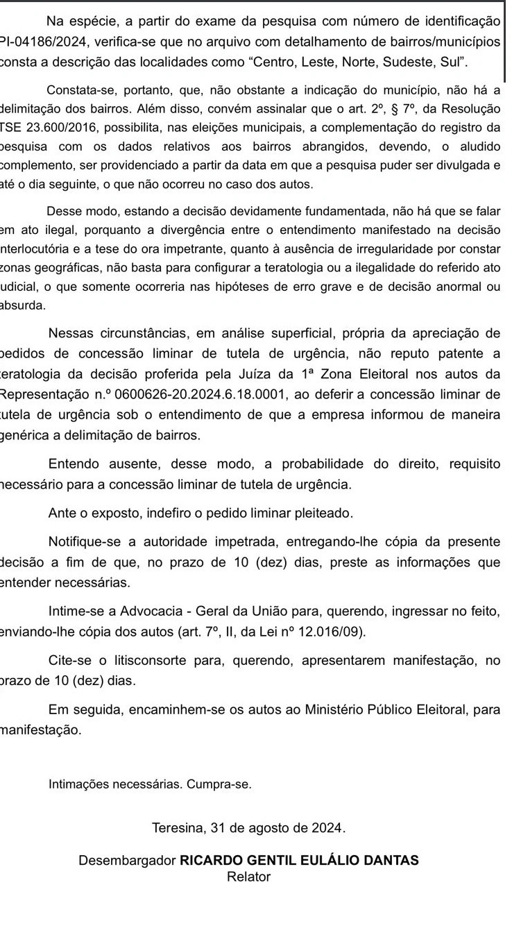 TRE-PI mantém decisão que suspende divulgação de pesquisa Quaest em Teresina