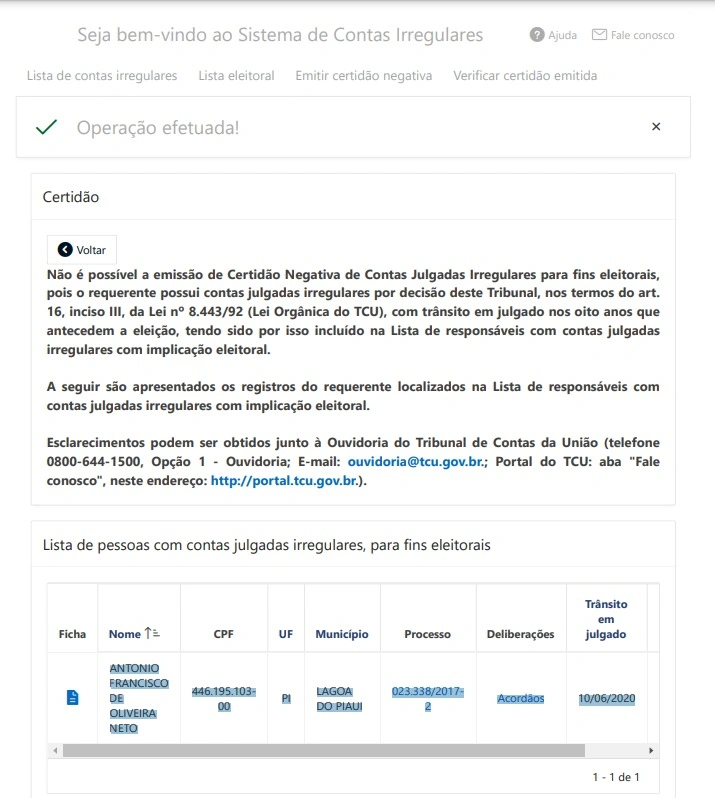 Lagoa do PI: candidatura de Antônio Neto pode ser indeferida por condenação do TCU