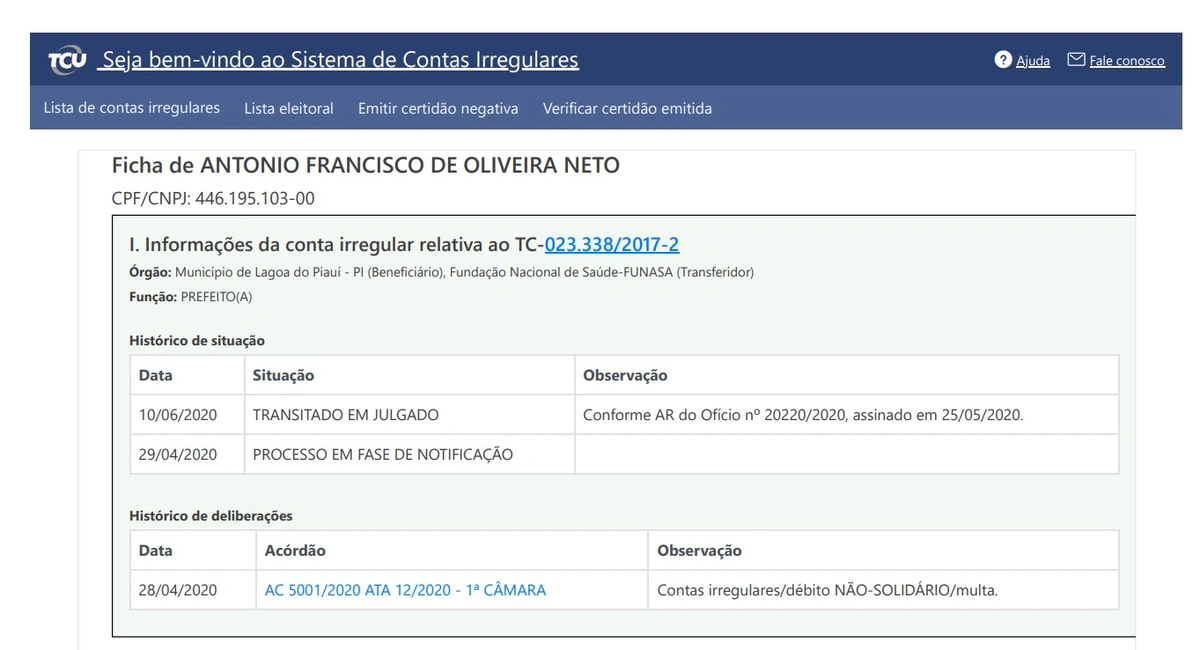 Lagoa do PI: candidatura de Antônio Neto pode ser indeferida por condenação do TCU