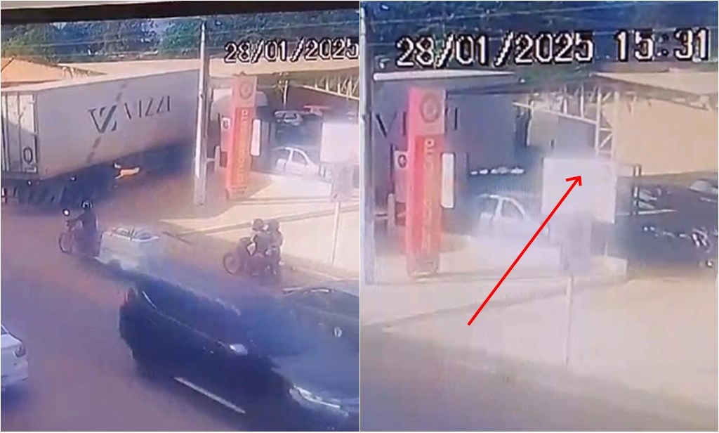 Caminhão derruba estrutura de estacionamento em Parnaíba e atinge veículos