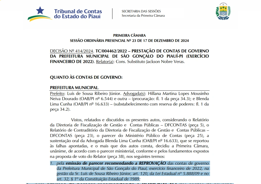 Decisão consta no diário oficial do TCE-PI desta terça-feira (14/01)