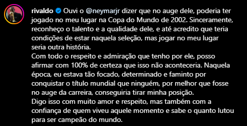 'Jogaria no lugar de Rivaldo no penta', diz Neymar; Rivaldo responde com elegância