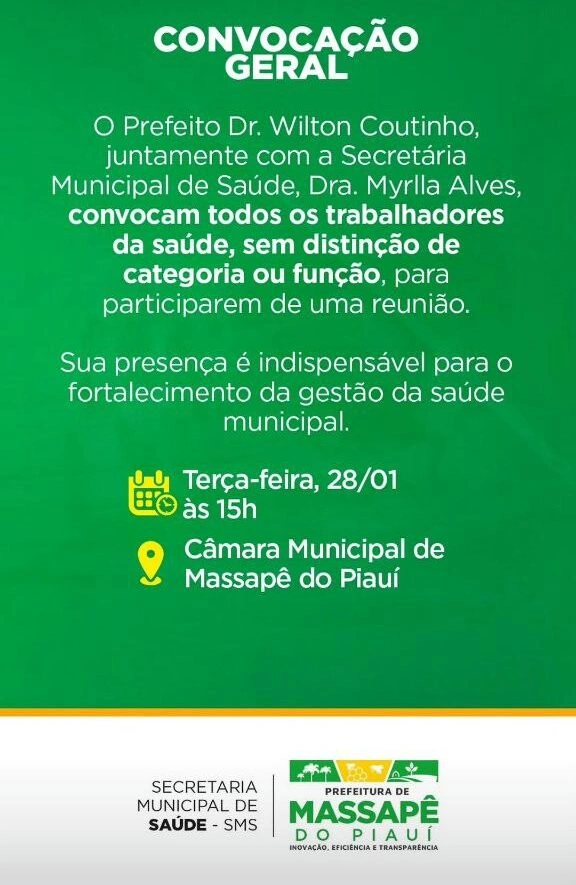 Prefeitura de Massapê do Piauí convoca servidores da Saúde à reunião na terça (28)