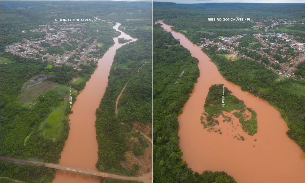 Rio Parnaíba enche com as chuvas em Ribeiro Gonçalves e impressiona moradores