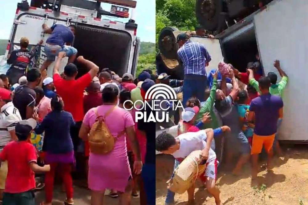 Caminhão carregado de carne tomba e é saqueado por populares na PI-245