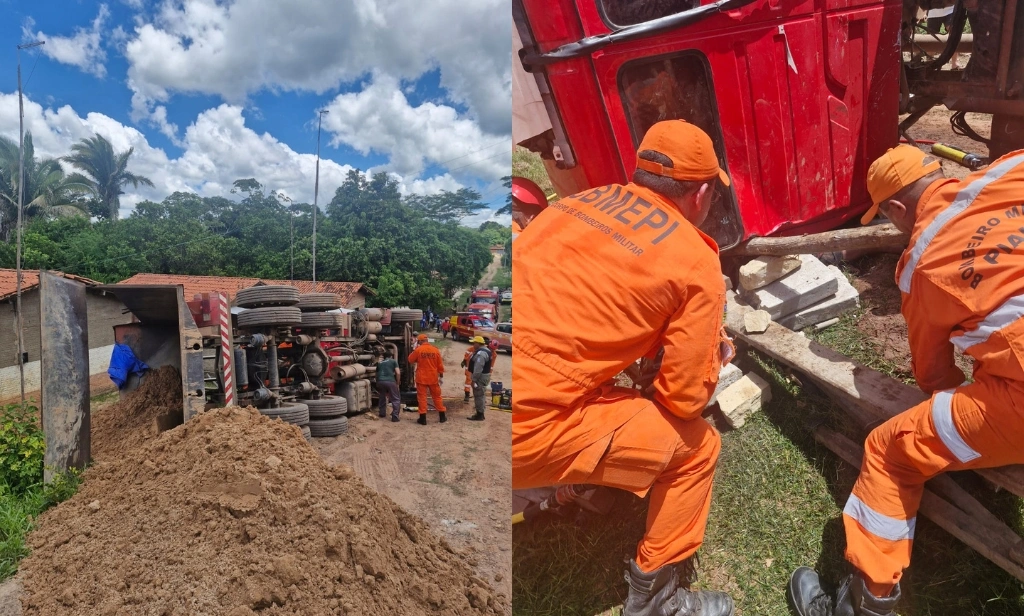 Motorista fica preso às ferragens em acidente de caçamba na zona Rural de Teresina