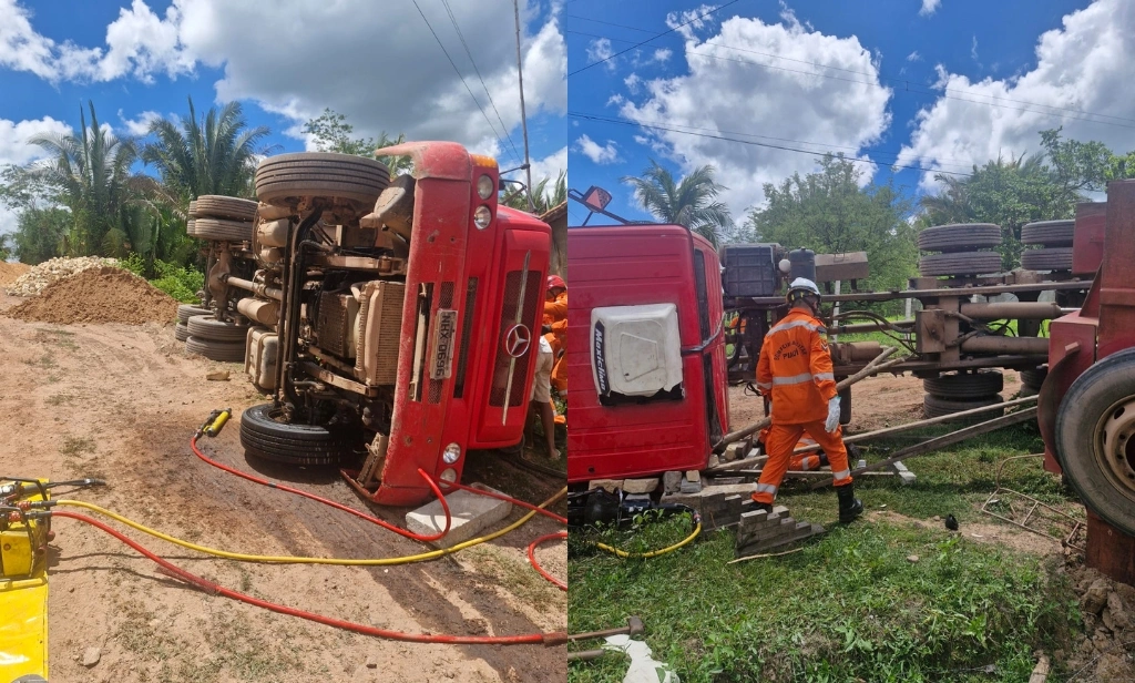 Motorista fica preso às ferragens em acidente de caçamba na zona Rural de Teresina